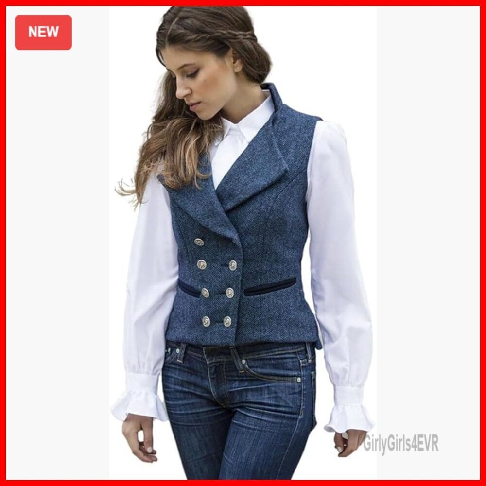 Vintage Tweed Vest Waistcoat V-Neck Sleeveless Blazer Slim Fit Pockets